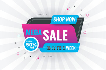 mega sale on abstract white geometric background with, get 50 percent of, super sale advertisement. colourful sales web or social media modern sale post.