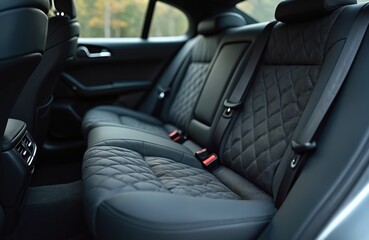 Fototapeta premium View inside a modern car showing quilted black fabric car seats and seatbelts. Luxurious automotive interior with attention to detail and clean style.