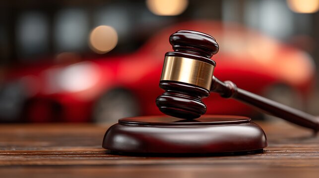 Wooden gavel on a block, with a blurred red car in the background, on a wooden surface