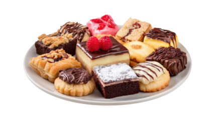 Platter Of Assorted Sweet Desserts Cookies Pastries Cake Squares Confections Bakery Treats Party Food Delicious isolated on a white background