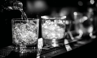 Close-Up Photograph of Drink Preparation with Ice in Glasses at Stylish Bar Setting