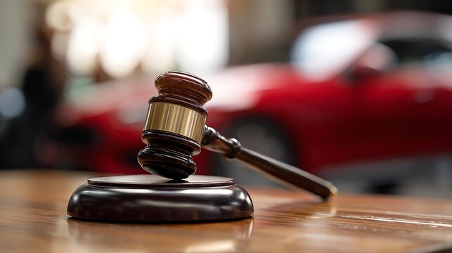 Wooden gavel rests on its block, a red car is blurred in background. Focus is on legal equipment