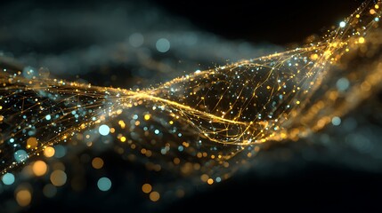 A dynamic abstract digital art piece with glowing, golden, and teal particles on a dark background