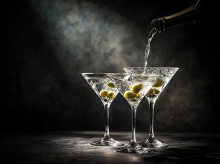 Pouring Martini with Olives into Crystal Glasses, Dark Moody Background