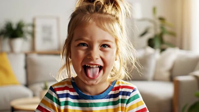 A playful little girl makes a funny face and sticks her tongue out. Close-up portrait of a happy, smiling child at home. Cheerful childhood expression
