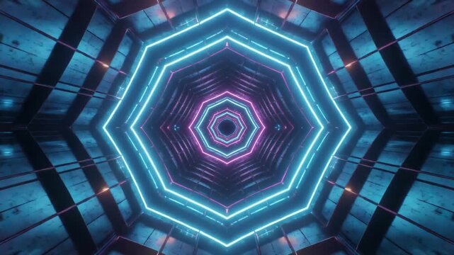 Hypnotic futuristic tunnel animation with glowing neon octagonal shapes moving forward creating an endless loop of magenta and cyan light in a dark