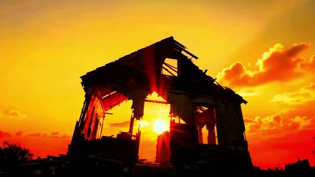 Silhouette of a dramatically ruined abandoned house structure perfectly framed against a vibrant orange and yellow sunset sky showcasing intense sun flare.