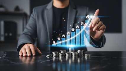 Businessman analyzing growing real estate market with financial graphs