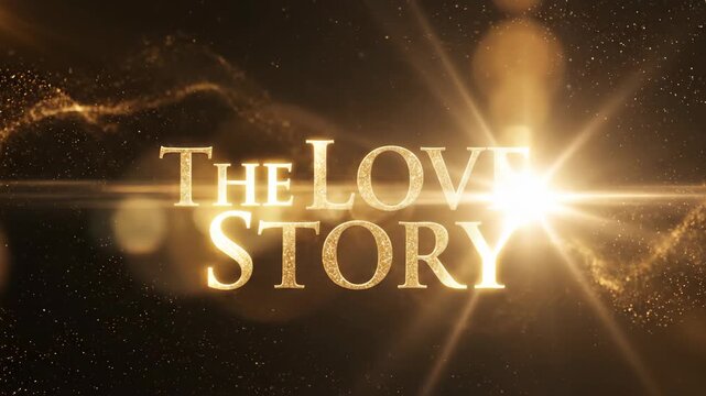 Golden 'The Love Story' text animation with shimmering particles and light flare. Romantic wedding title reveal. Elegant celebration opener
