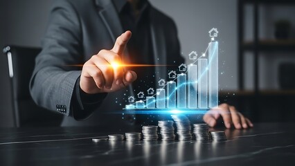 Businessman analyzing financial growth with virtual graph and coins on desk