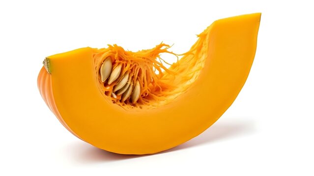 A vibrant slice of pumpkin with seeds on a white background