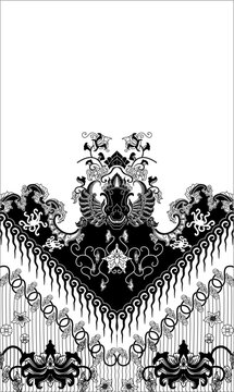 A PGRI BATIK PATTERN FEATURING VINES AND FLOWERS (SIMILAR TO FRANGIPANI), AS WELL AS ABSTRACT SHAPES RESEMBLING THE WINGS OR HEAD OF A GARUDA BIRD