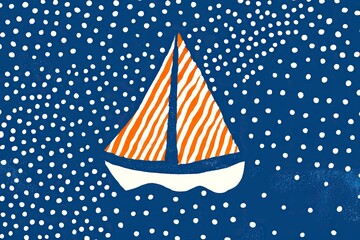 Stylized Sailboat on a Dark Blue Sea with White Dots