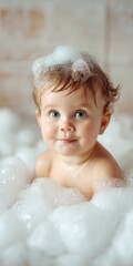 Happy baby having fun in a bubble bath