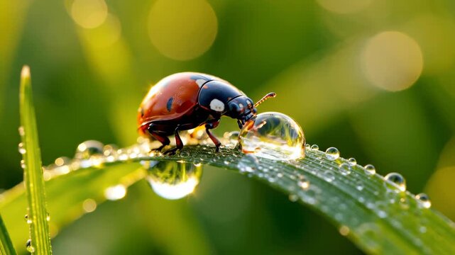 Macro of a red ladybug drinking a water droplet on green grass. Close-up of a tiny insect with morning dew in a summer garden. The beauty of wildlife in nature