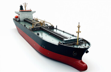 Naklejka premium Large cargo tanker ship sails on calm blue ocean water. This industrial vessel transports liquid bulk cargo across vast seas, vital for global trade.