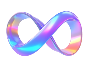 A glossy, holographic infinity symbol floating on a stark black background