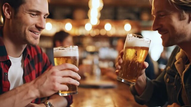 Two men toasting with beer glasses in a bar. Happy friends clinking pints and drinking lager in a pub. Nightlife and celebration concept