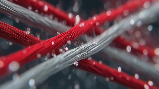 Close-up of red and white threads with water droplets, showcasing texture and detail.