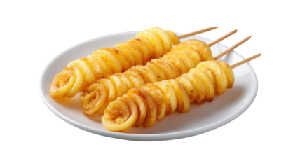 Spiral Fried Potato Chips On Stick Served On Plate isolated on a white background