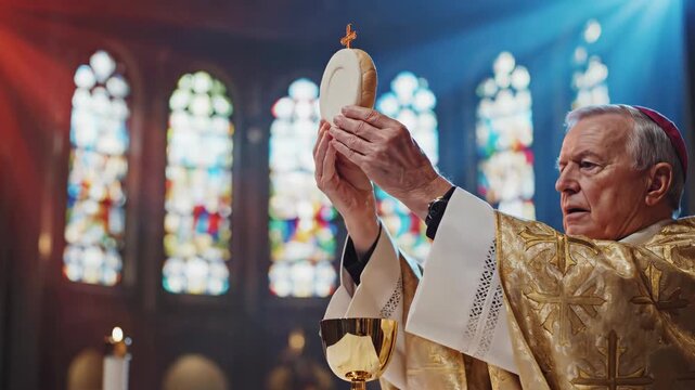 Catholic bishop elevating the Eucharist host during a solemn Mass inside a church. Elderly priest in golden vestments holding the sacred wafer above a chalice. Religious ceremony and worship concept