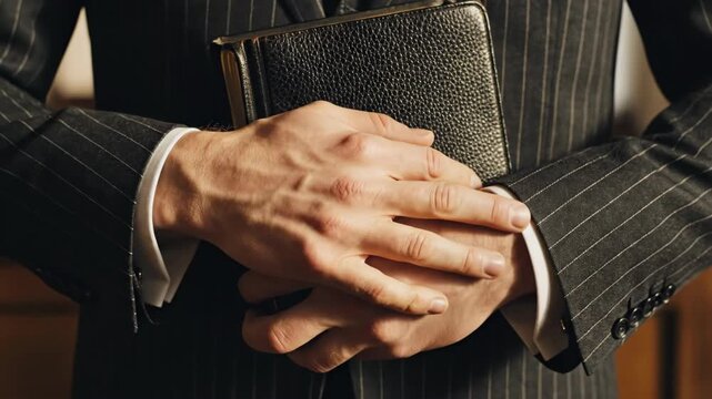 Close-up of a man in a suit holding a Bible against his chest. Hands clutching a holy book in prayer or taking an oath. Religious faith and spirituality concept