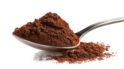 Spoon with a heap of healthy cocoa powder isolated on a white background