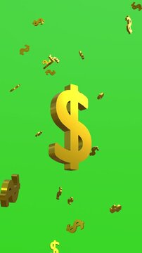 3D Golden dollar falling on green background. Full HD. 4K