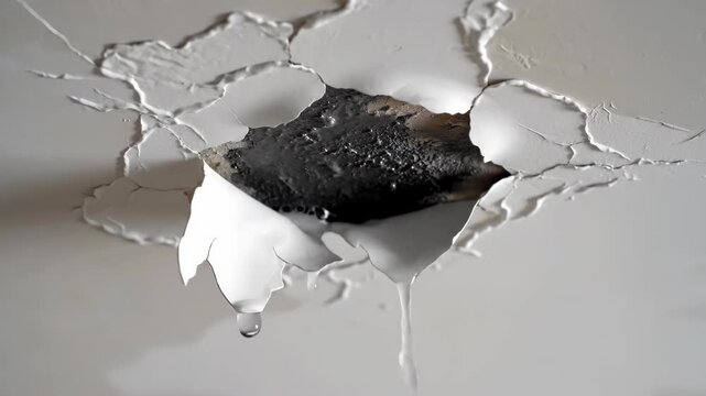 Water leaking from a damaged ceiling. Close-up of a burst pipe causing property damage and a home emergency. Water dripping from a cracked roof indoors