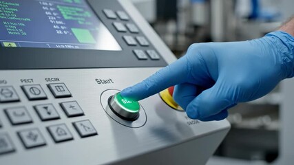 Gloved hand pressing start button on industrial machine control panel in slow motion. Automation and technology concept - Powered by Adobe
