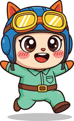 Cute pilot cat cartoon character running happily, adorable animal aviator mascot illustration isolated on white background vector