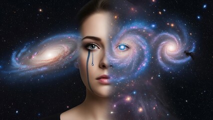 Woman with galaxy eyes and tear, symbolizing cosmic emotional depth