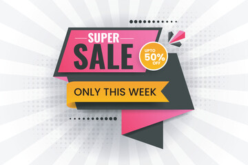 super sale banner with white background, up to 50% off, discount offer only this week, web or social media modern sale poster