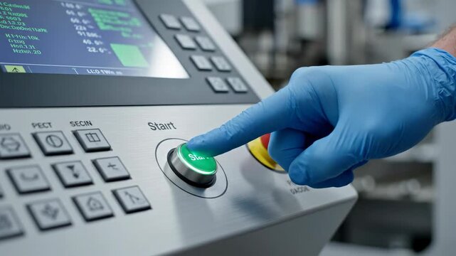 Gloved hand pressing start button on industrial machine control panel in slow motion. Automation and technology concept