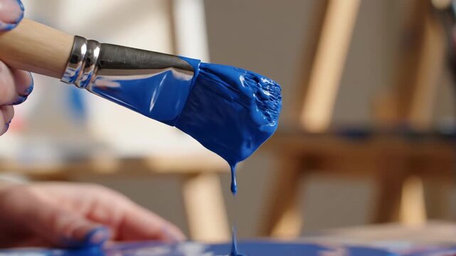 Close-up of a paintbrush loaded with vibrant blue paint. Thick, glossy royal blue paint slowly dripping from the bristles. Artistic creation and color application concept
