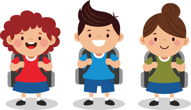 Cute school children with backpacks smiling, cartoon students ready for education and learning illustration isolated on white background - Powered by Adobe