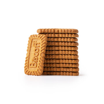 Bangalore, India - 11 January 2026 : Lotus Biscoff is a caramelized biscuit, smooth and crunchy textures on white background. Isolated