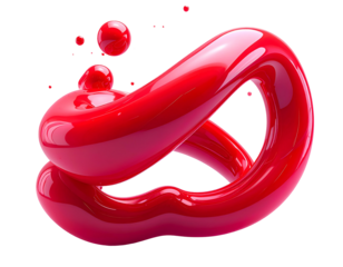 Glossy red abstract sculpture with floating orbs against a black background