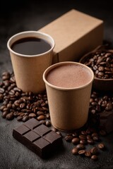 Steaming Coffee in Paper Cup and Cocoa with Dark Chocolate Pieces