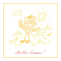 Hello Summer. Funny cartoon bird. Hand drawn doodles vector illustration