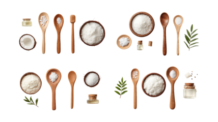 Top view cosmetic composition with a wooden spoon isolated on a white background