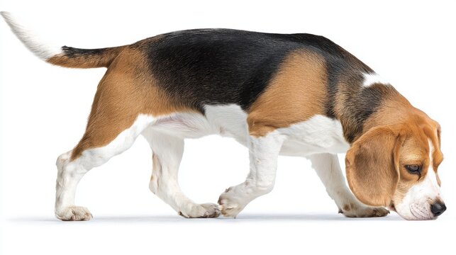 Playful Beagle Puppy Sniffing the Ground in Studio Setting