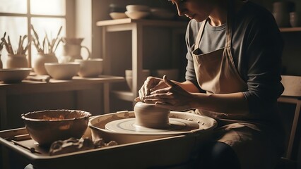 Potter crafting ceramic vessel on spinning wheel in studio