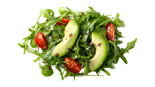 Top view of arugula salad with avocado isolated on a white background