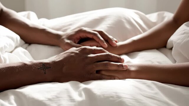 Close-up of an African American couple holding hands in bed on white sheets. Dark-skinned hands resting together with a cross tattoo visible on the wrist. love concept for Valentine's Day