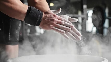 A weightlifter claps hands with chalk powder in slow motion. An athlete prepares for a heavy lift in the gym. Strength and power concept
