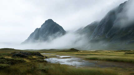 Misty mountain peaks shrouded in fog over marshland valley. Dramatic moody landscape with rocky highlands, wetlands, atmospheric mist. Remote wilderness scenery, ethereal nature background.