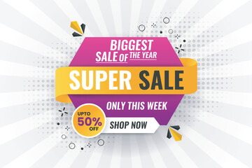 super sale banner template design for web or social media, with up to 50 off, banner  promotion with the white background