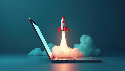 A toy rocket launches from an open laptop creating smoke and fire. Clouds surround the scene on a dark blue background, symbolizing rapid digital growth and new ideas.