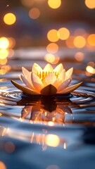Illuminated lotus flower floating serenely on rippling water, with bokeh lights